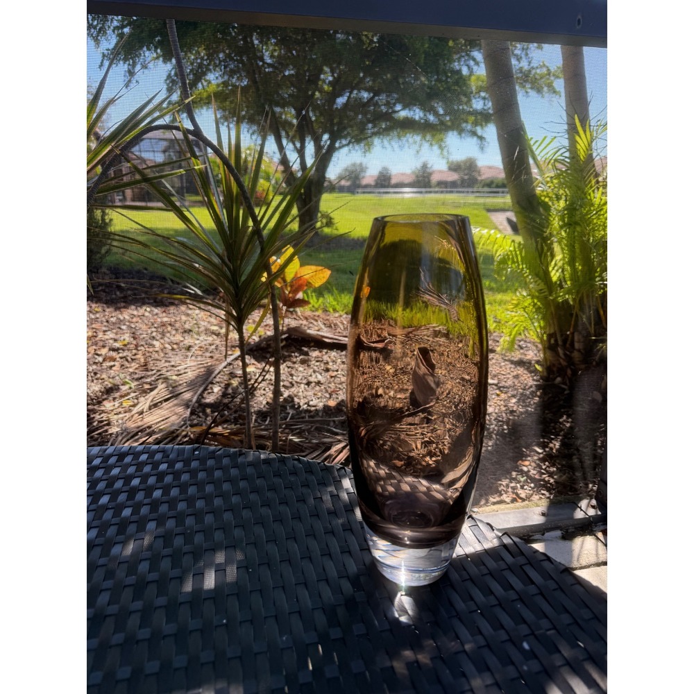 Modern Smoky Brown Art Glass Vase Heavy Clear Base Tapered Cylinder 12.25 inch